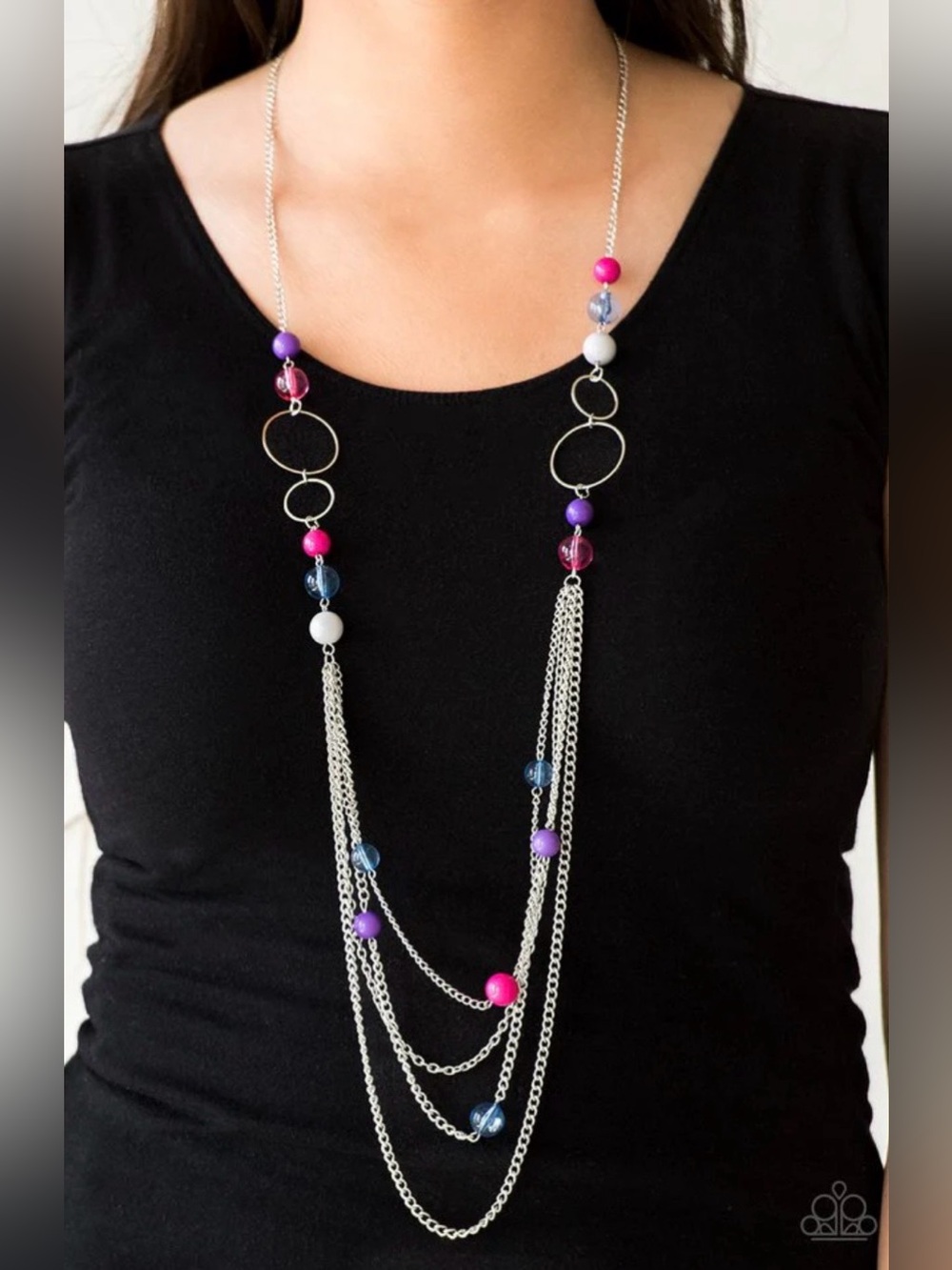 Paparazzi Layered Necklace- Pink, Purple, Blue,  & White with hot pink earrings